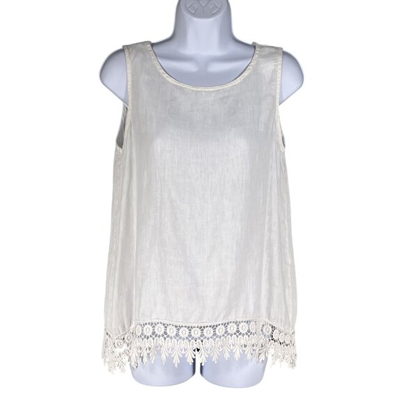 Terzo Millennio Womens S White Linen Tank Top Crochet Hem Italy Made Clean Girl - Picture 1 of 12